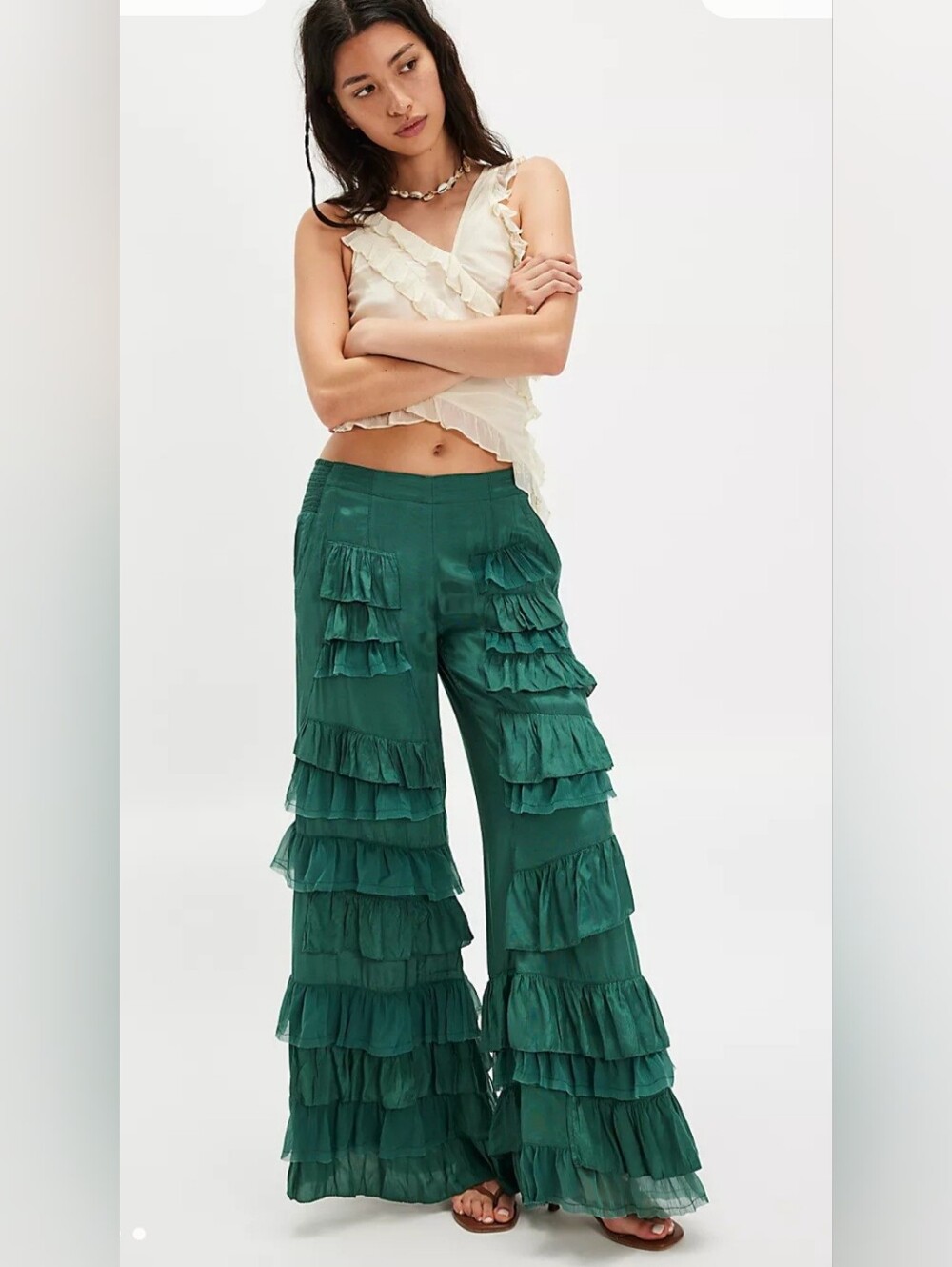 NWT Free People Rock And Frill Ruffle Wide Leg Pants Green Small